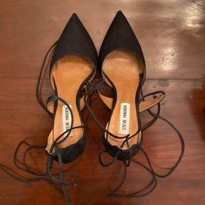 Black sueded closed toe heels with ankle ties.